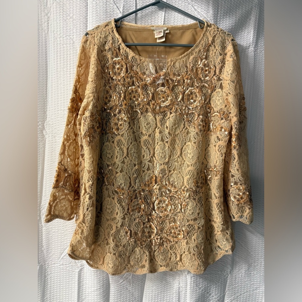 NEW Sundance Moon Flower Top Gold Lined Lace Embellished 2pc Embroidery Blouse L